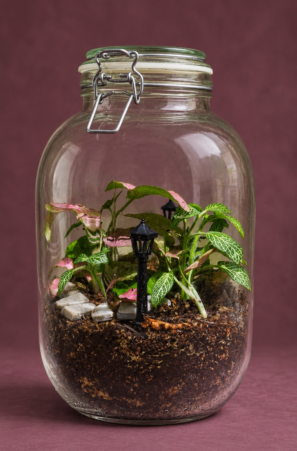 Tall glass terrarium with plants and a miniature garden lantern