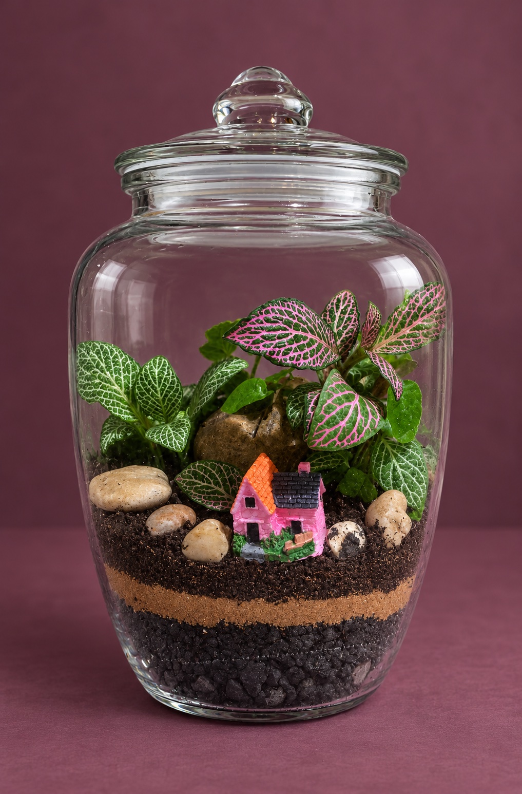 Lidded terrarium with pink-veined leaves and a miniature cottage